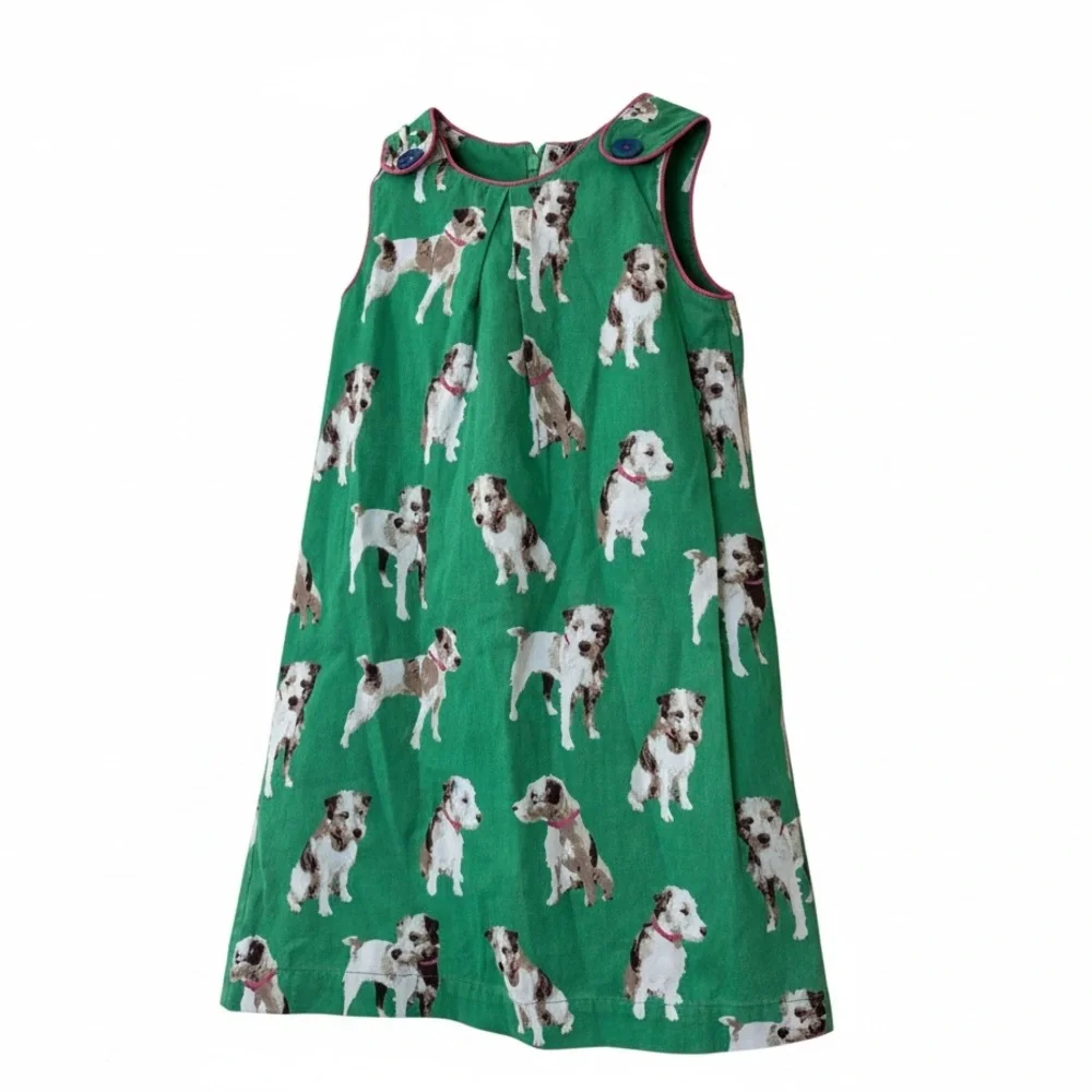 Mini Boden Green Dog Print Dress 6-7 Cute Puppy Dress Sleeveless A-line EUC